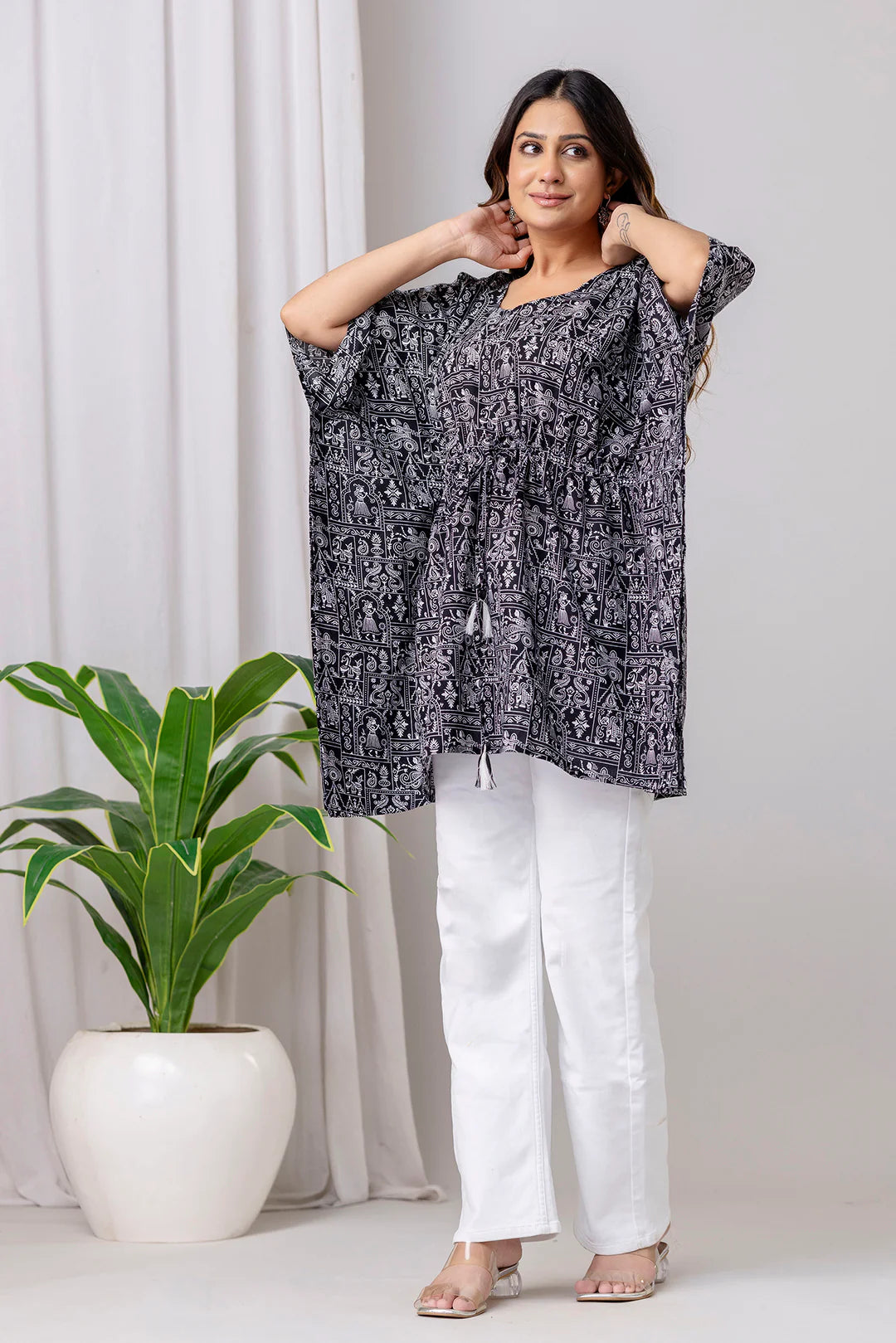 Women’s Black Printed Cotton Kaftan Kurta