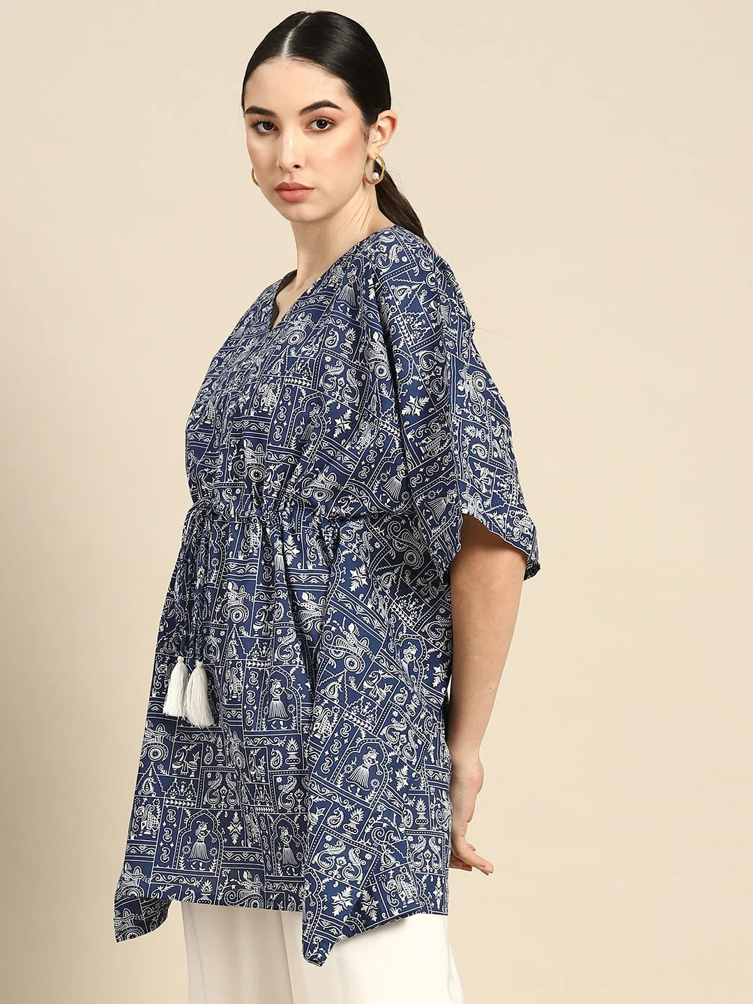 Women’s Blue Printed Cotton Kaftan Kurta