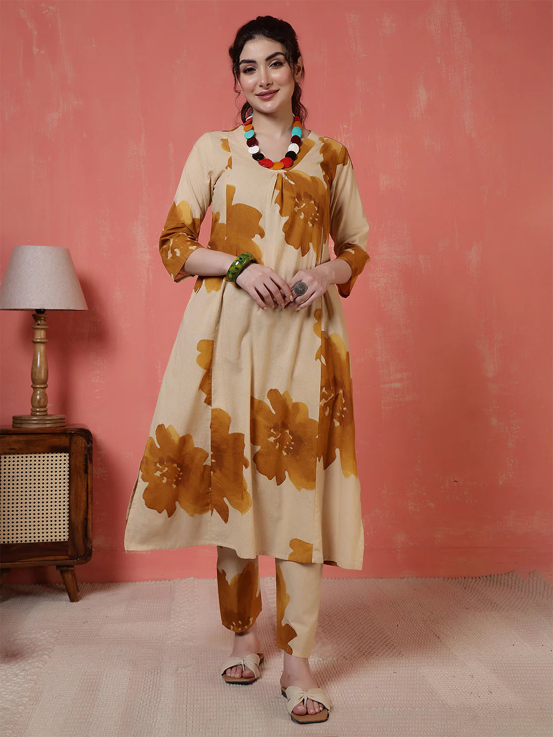 Beige Floral Printed Pure Cotton Co-Ord Set
