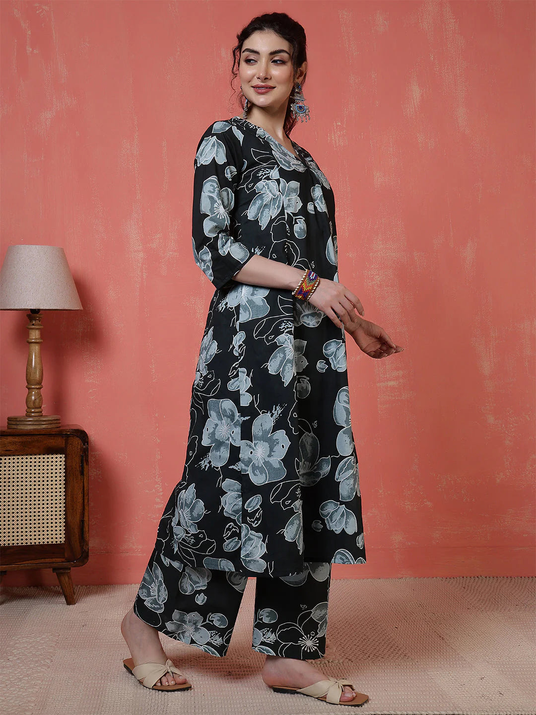 Black Floral Printed Pure Cotton Co-Ord Set