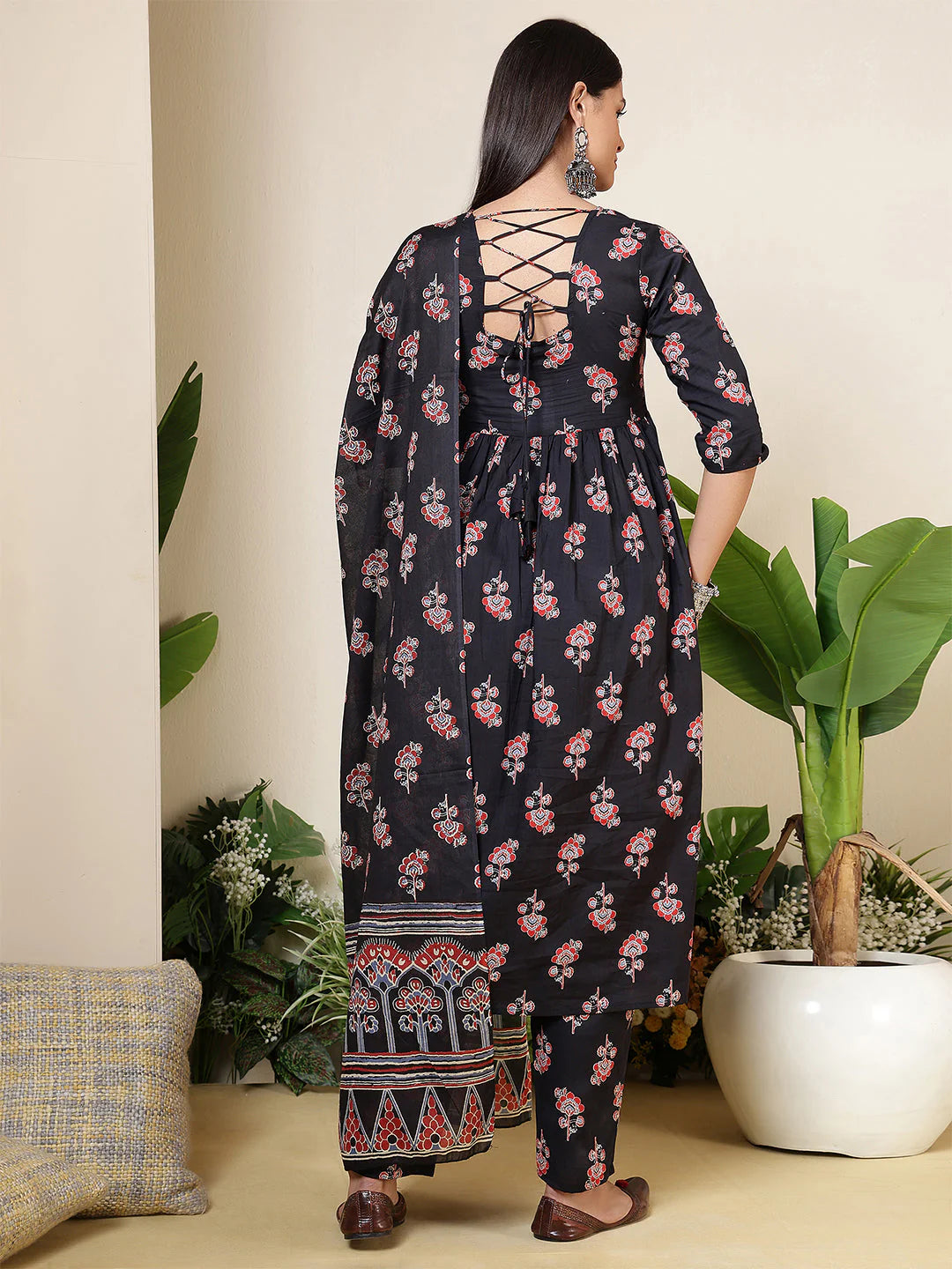 Black Printed Pure Cotton Anarkali Kurta Set with Silk Chiffon Dupatta