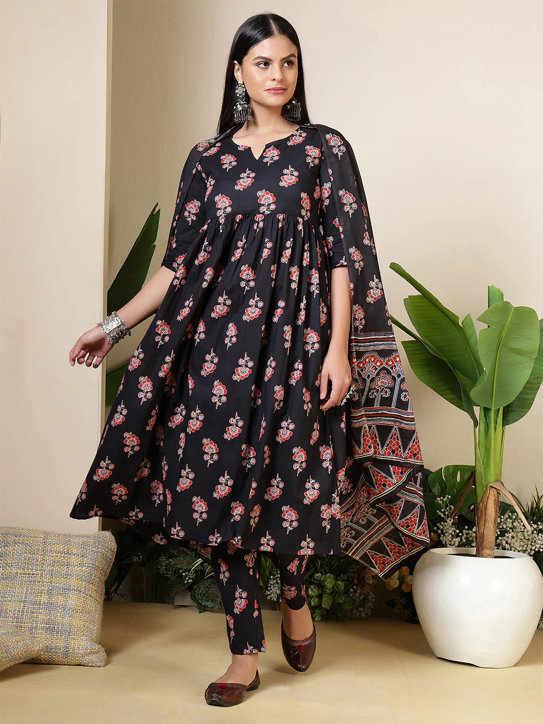 Black Printed Pure Cotton Anarkali Kurta Set with Silk Chiffon Dupatta