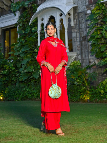 Magenta Pink Embroidered Kurta with Palazzo & Organza Dupatta for Women