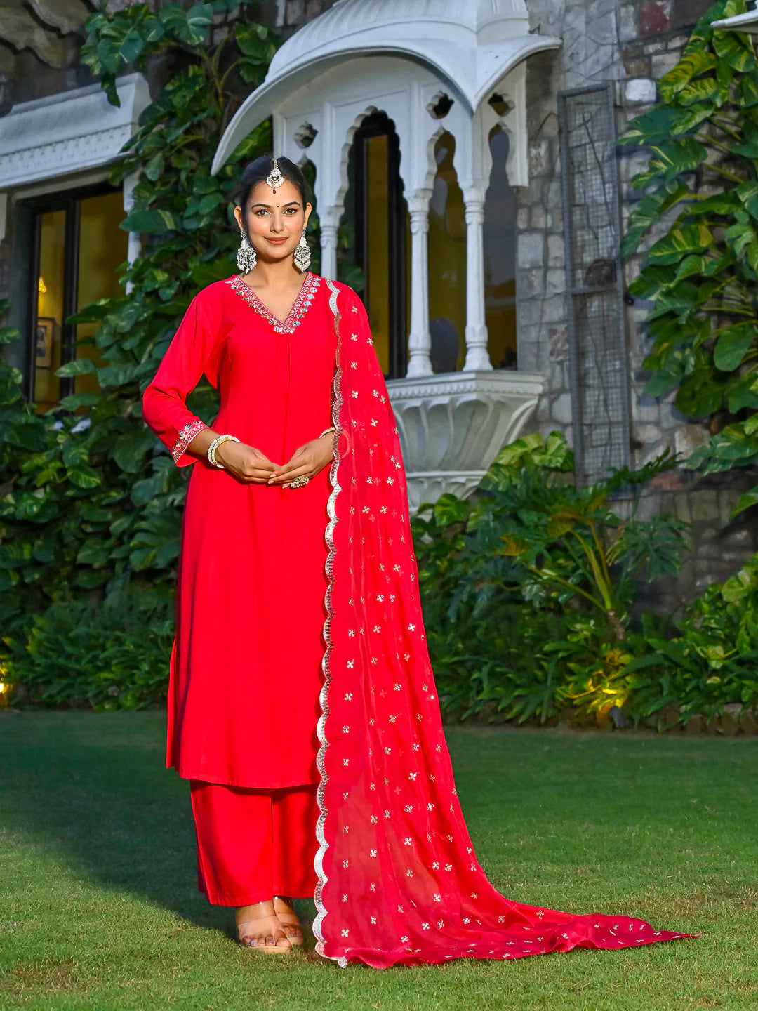 Magenta Pink Embroidered Kurta with Palazzo & Organza Dupatta for Women