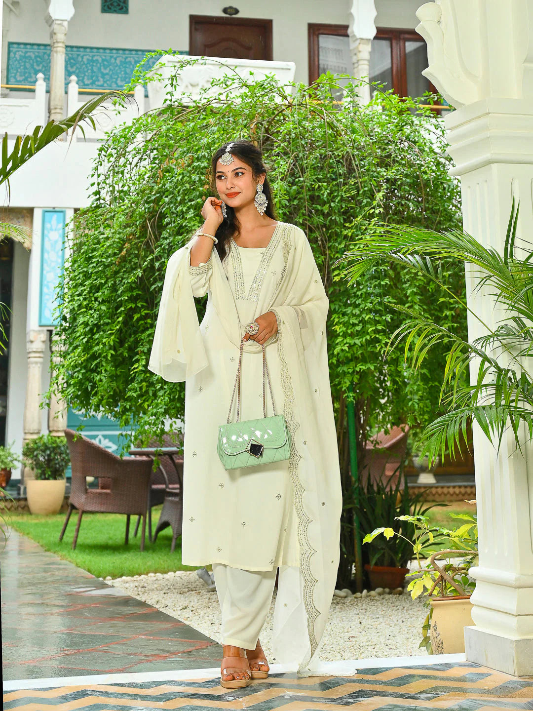 Off White Embroidered Kurta Set for Women