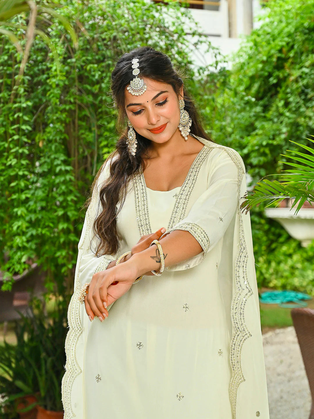 Off White Embroidered Kurta Set for Women