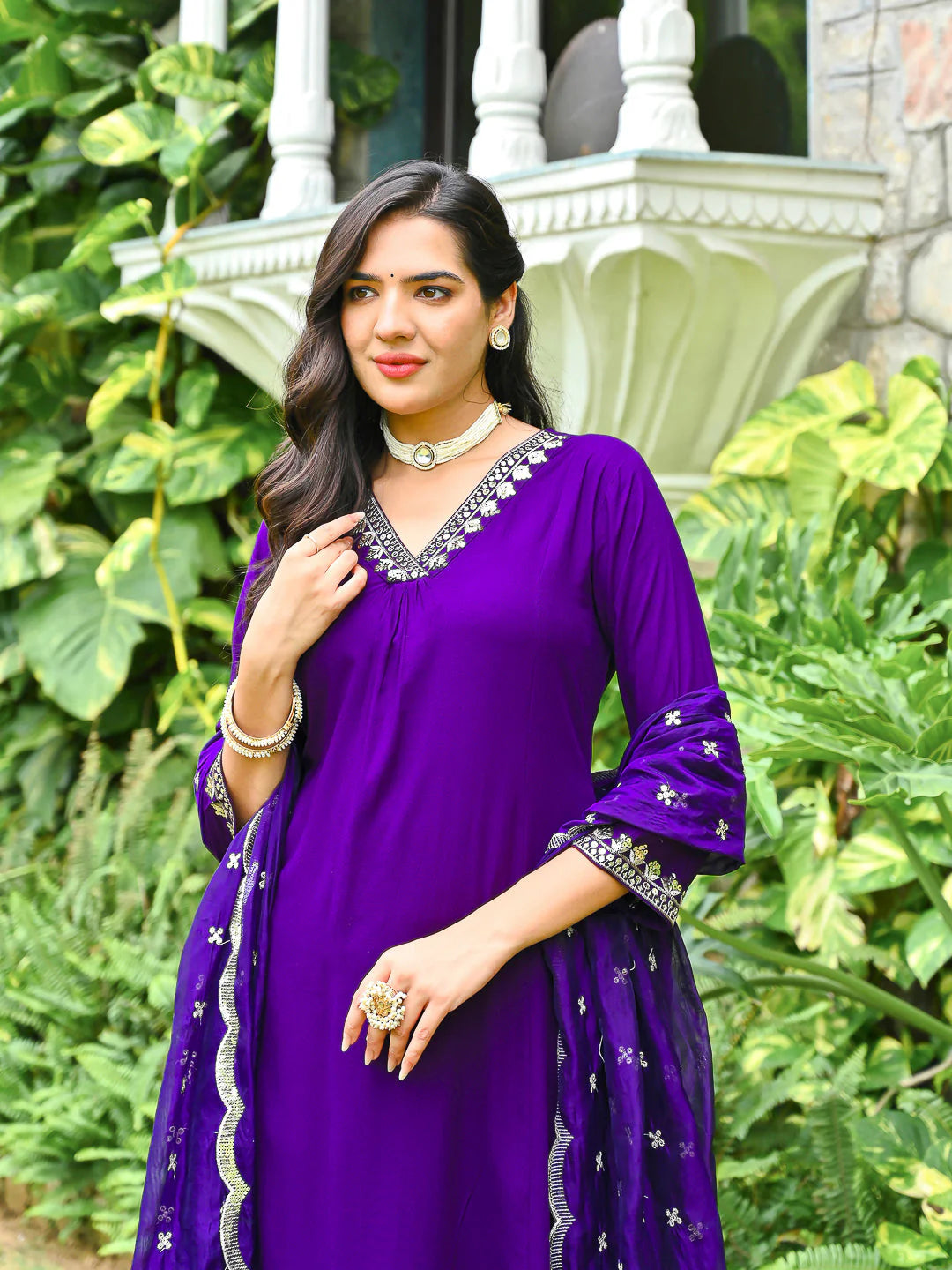 Purple Embroidered Kurta with Palazzo & Organza Dupatta for Women