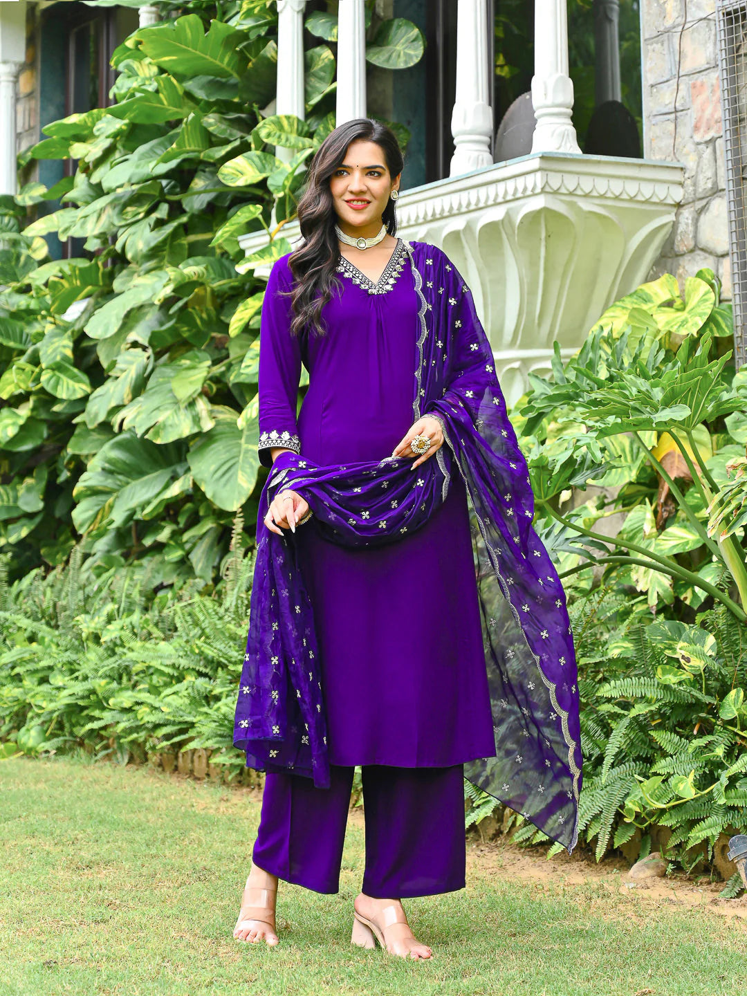 Purple Embroidered Kurta with Palazzo & Organza Dupatta for Women