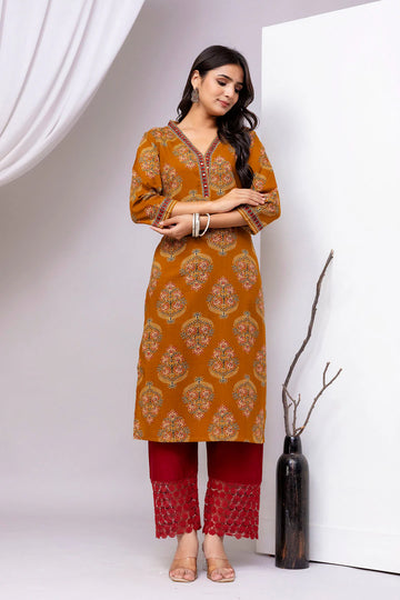 Mustard Printed Straight Kurta with Three-Quarter Sleeves for Women