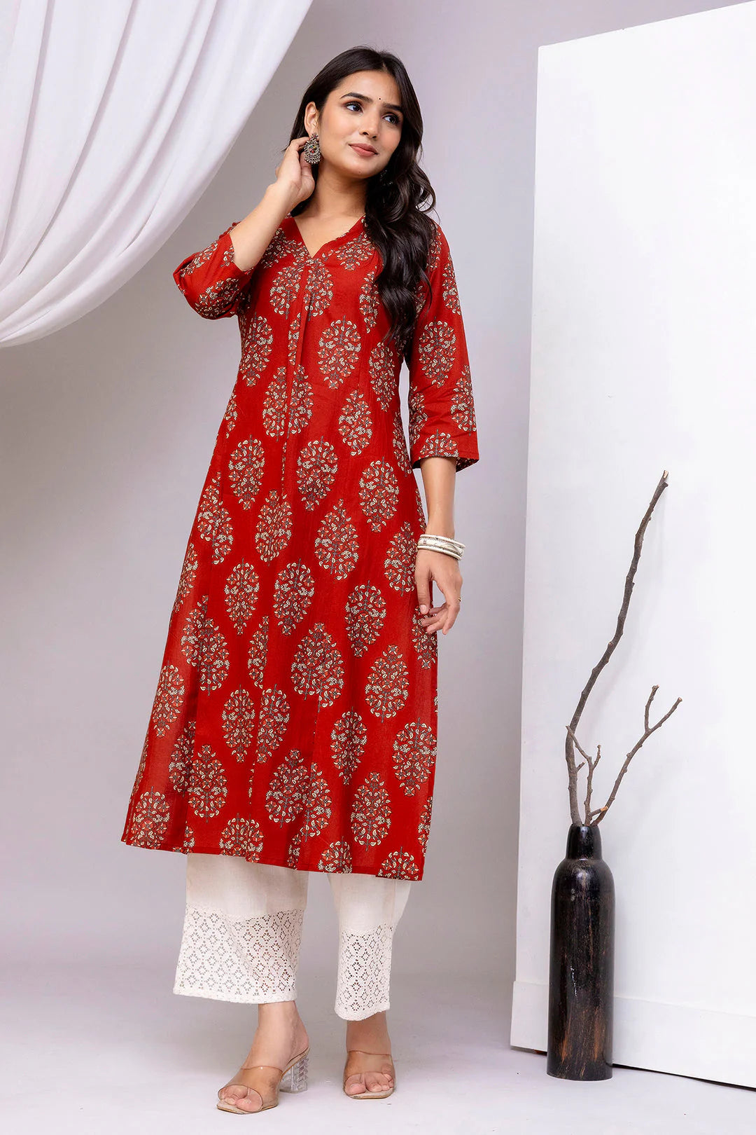 Maroon Printed Straight Kurta with Three-Quarter Sleeves for Women