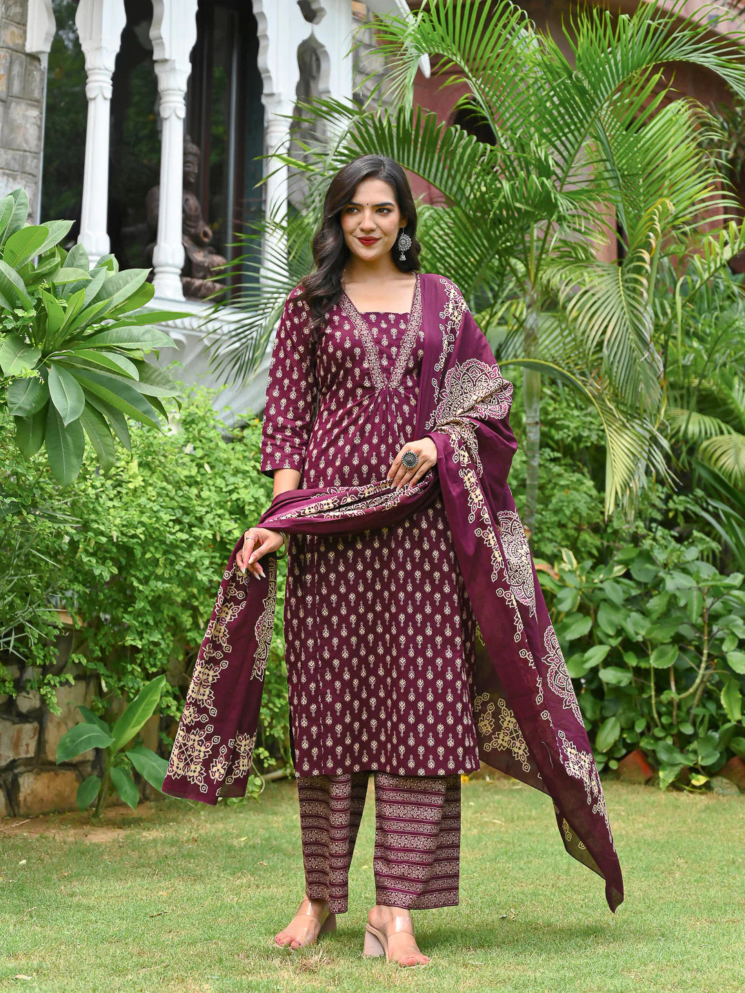 Wine Printed Straight Kurta & Palazzo With Dupatta for Women