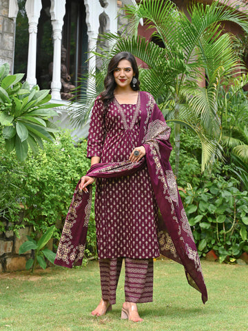 Wine Printed Straight Kurta & Palazzo With Dupatta for Women