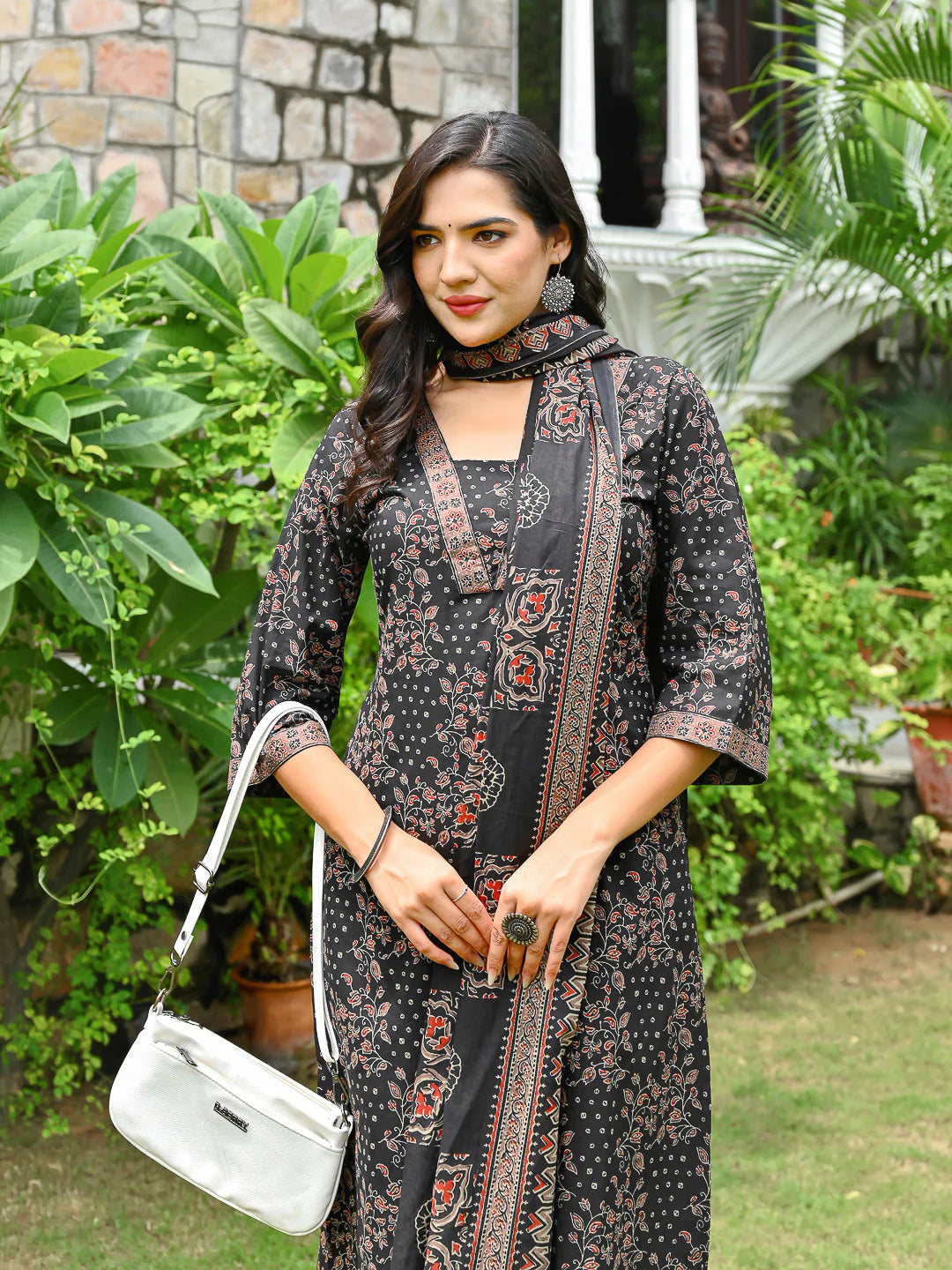 Black Printed Straight Kurta & Palazzo With Dupatta for Women