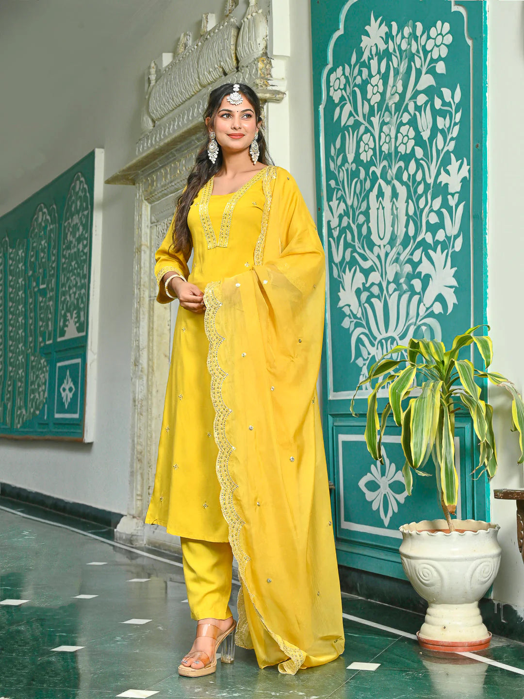 Yellow Embroidered Kurta Set for Women