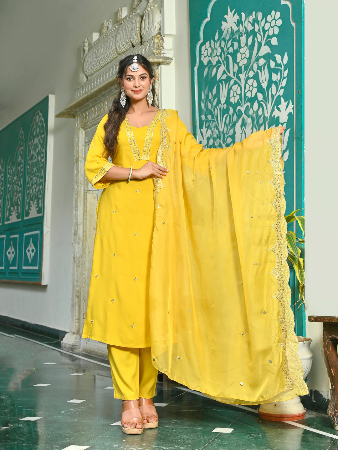 Yellow Embroidered Kurta Set for Women