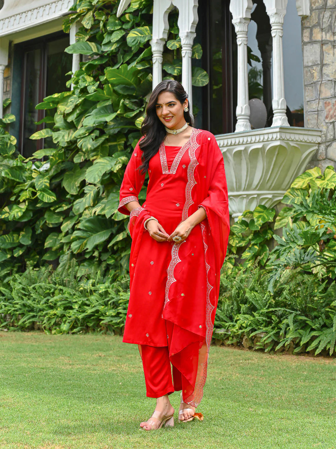 Red Embroidered Kurta Set for Women