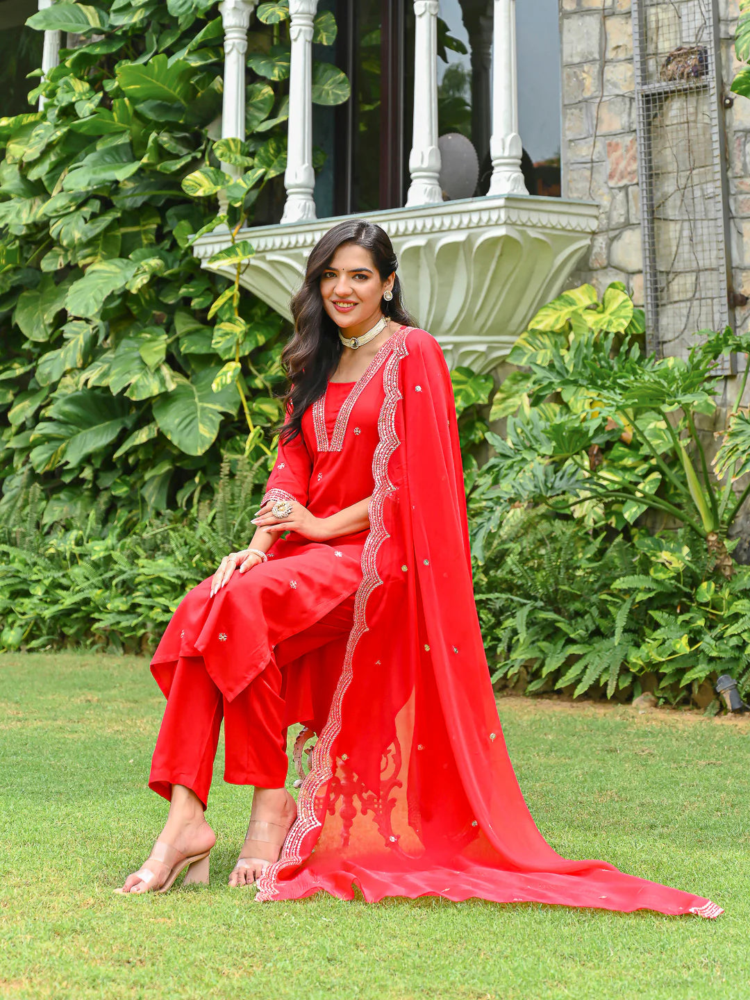 Red Embroidered Kurta Set for Women