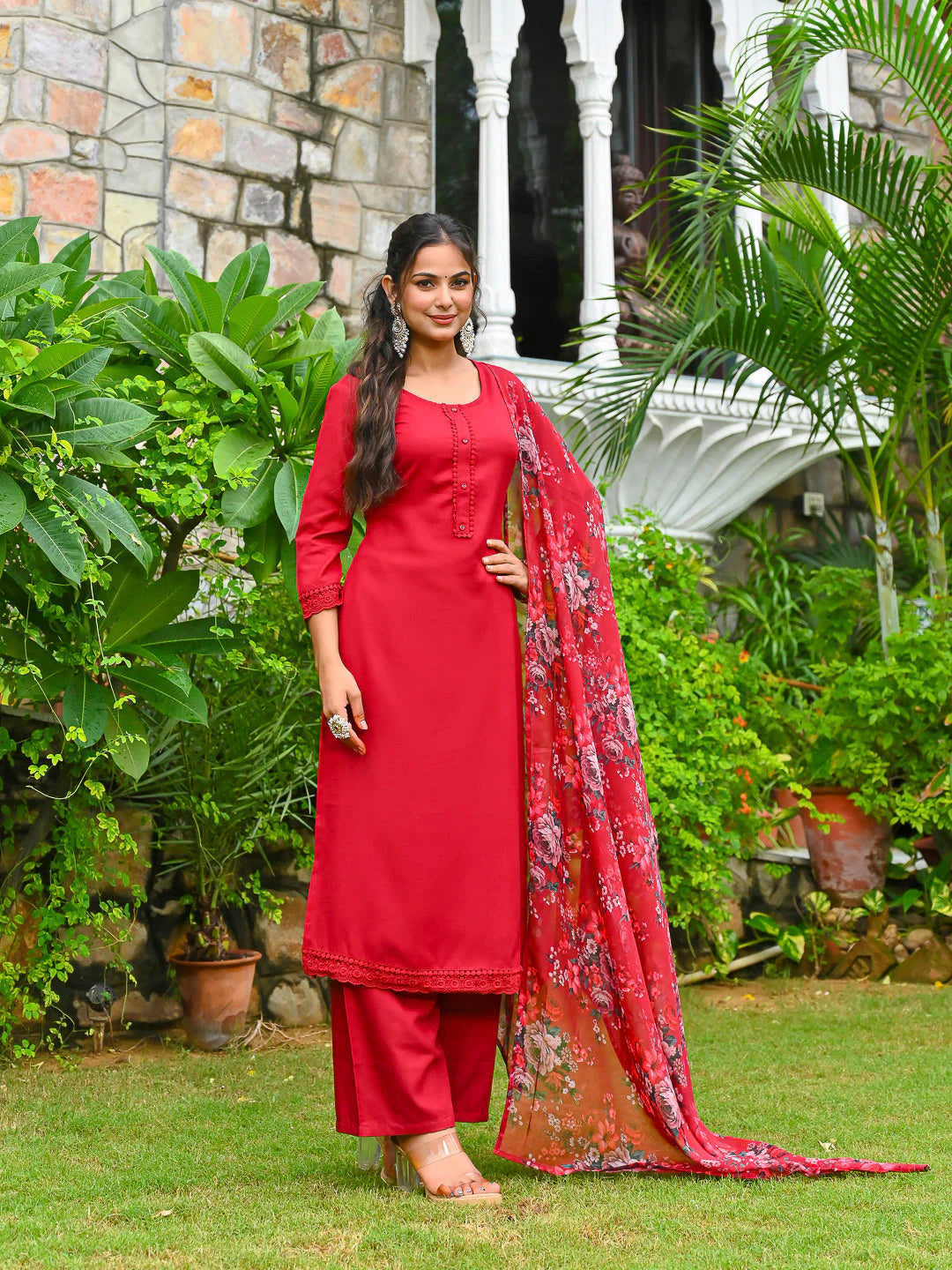 Maroon Solid Straight Kurta Set with Printed Dupatta for Women