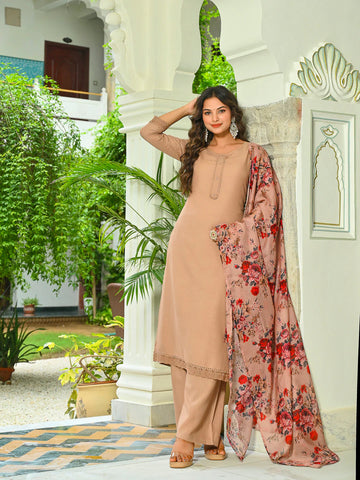 Beige Solid Straight Kurta Set with Printed Dupatta for Women