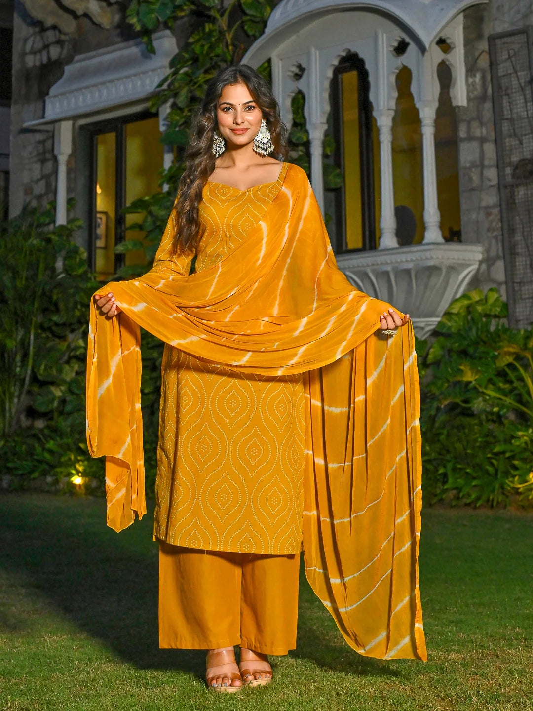 Yellow Printed Straight Kurta & Palazzo with Dupatta for Women
