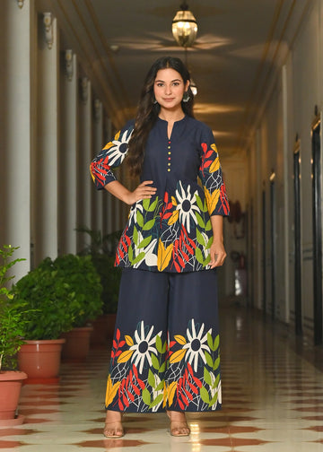 Blue Floral Printed Co-Ord Set for Women