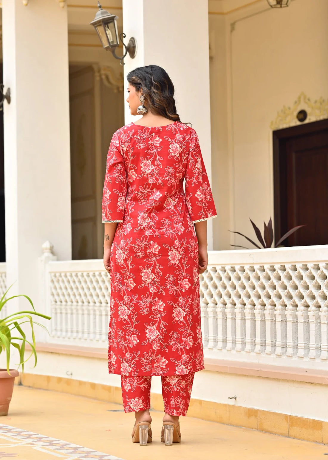 Red Printed Cotton Straight Kurta Set with Trouser & Dupatta