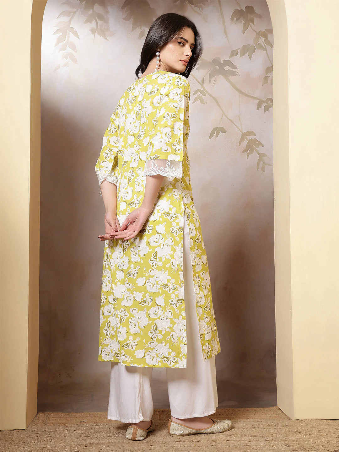 Lime Green Printed Straight Kurta with Three-Quarter Sleeves for Women