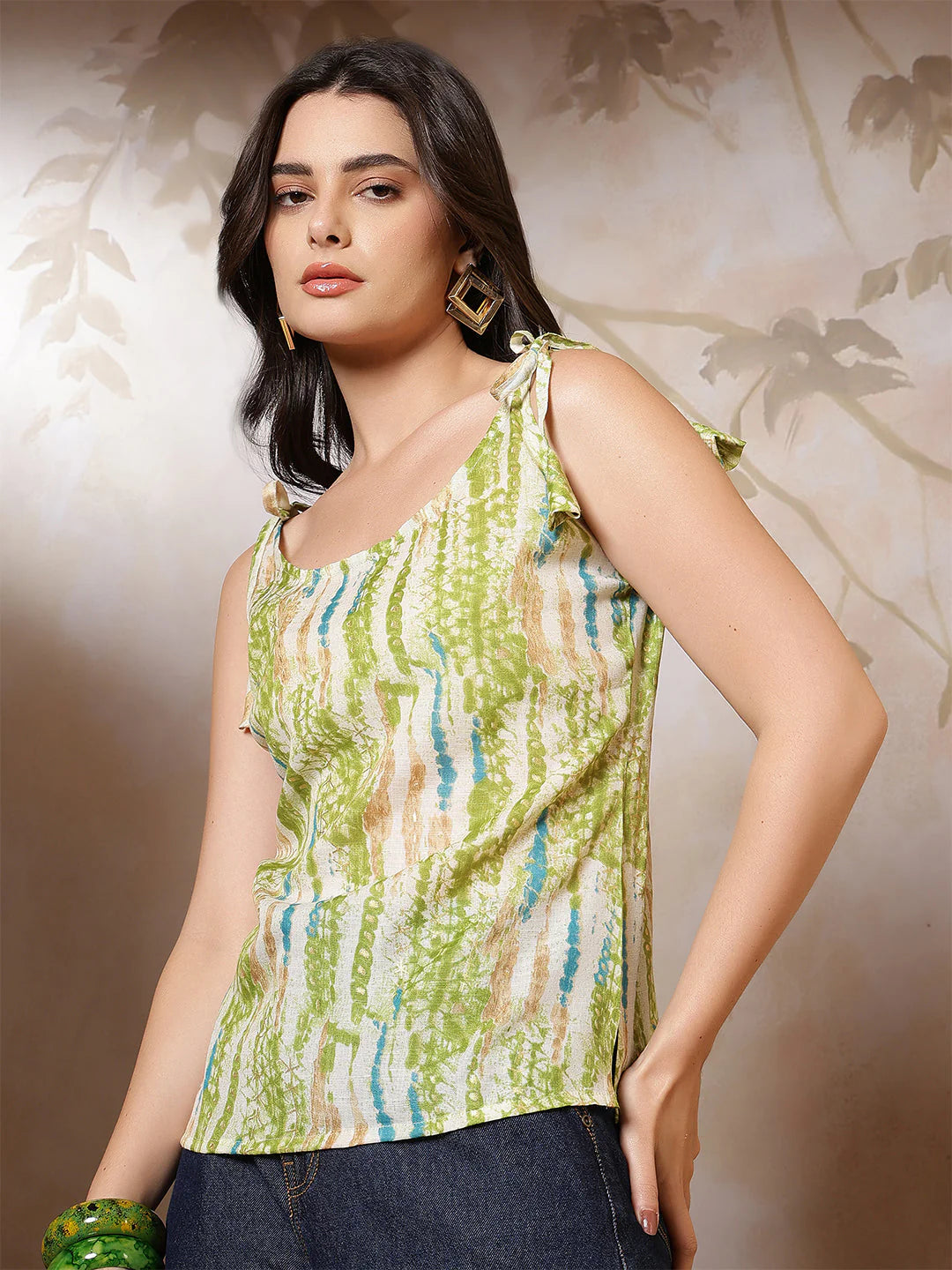 Women’s  Cotton Blend Green Sleeveless Printed Top