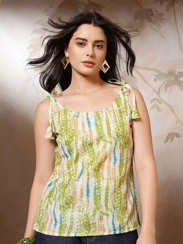 Women’s  Cotton Blend Green Sleeveless Printed Top