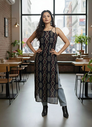 Black Printed Straight Sleeveless Kurta in Pure Cotton