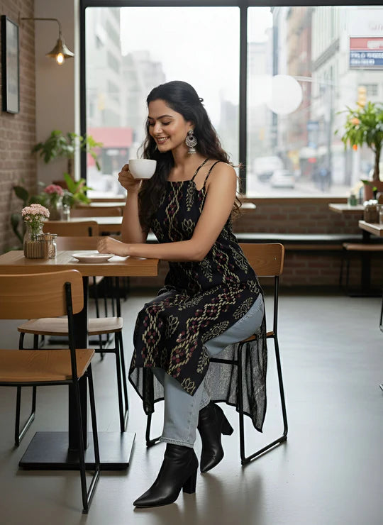 Black Printed Straight Sleeveless Kurta in Pure Cotton