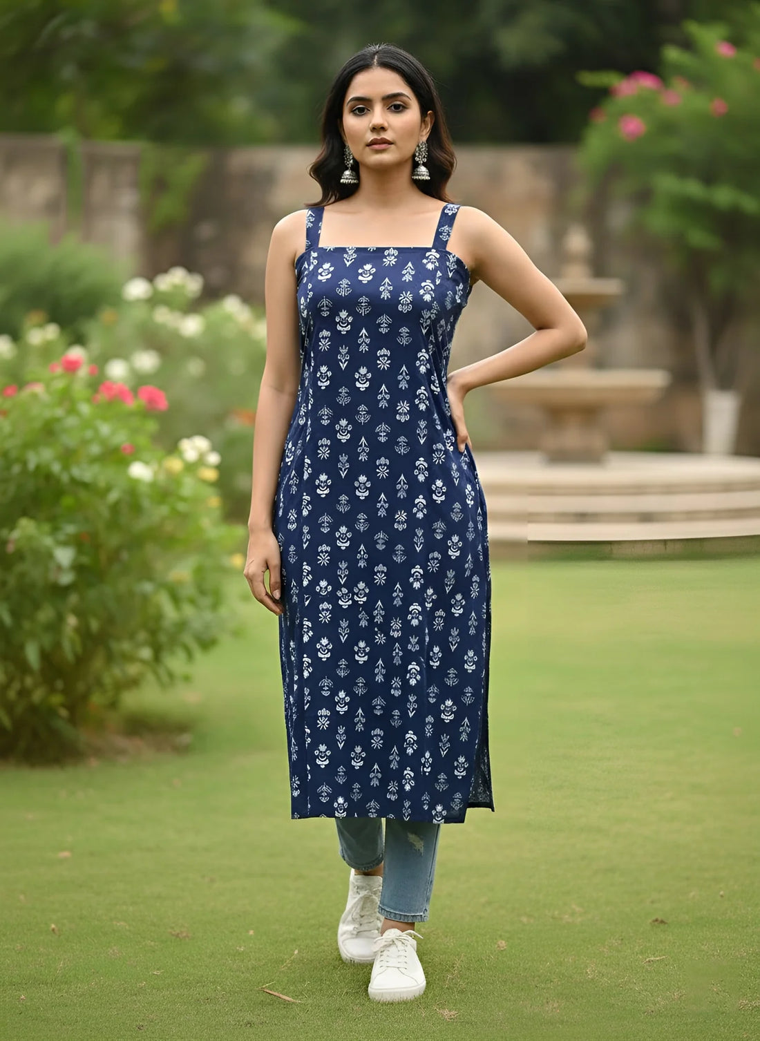 Blue Printed Straight Sleeveless Kurta in Pure Cotton