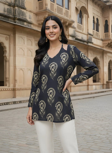 Faddism Women Black Printed Straight Cotton Tunic