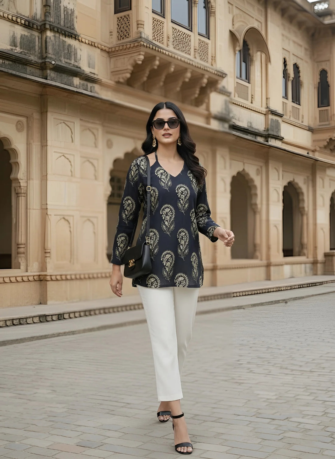 Faddism Women Black Printed Straight Cotton Tunic