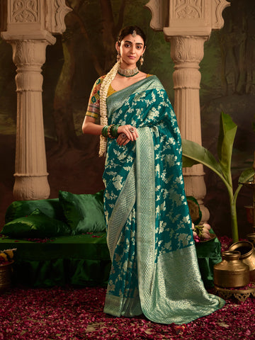 Raas Teal Green Crepe Dola Silk Designer Saree