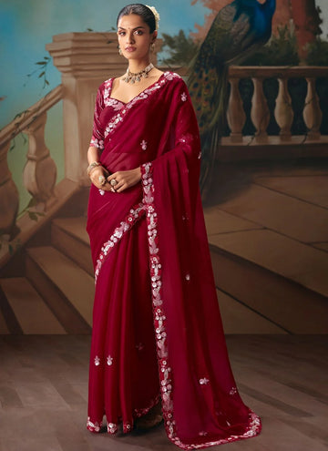 Faddism Kajal-18 Designer Burgundy Red Handwork and Embroidery Saree