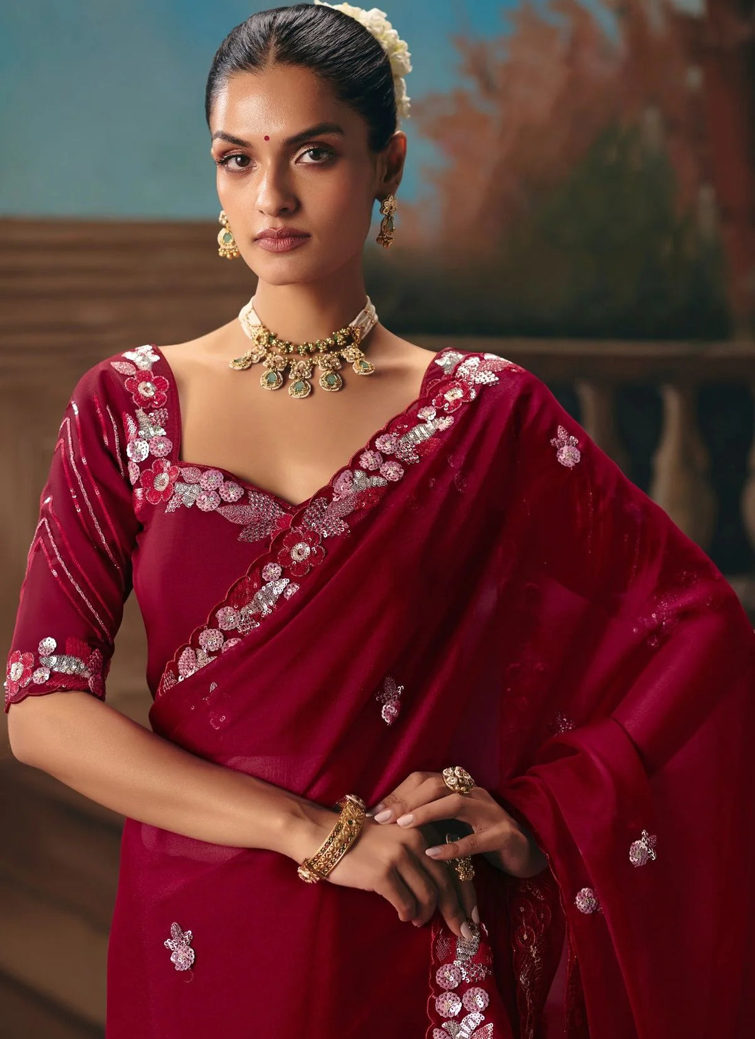Faddism Kajal-18 Designer Burgundy Red Handwork and Embroidery Saree