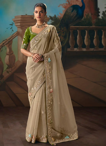 Faddism Kajal-18 Designer Beige Handwork and Embroidery Saree