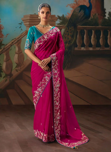 Faddism Kajal-18 Designer Cerise Pink Handwork and Embroidery Saree
