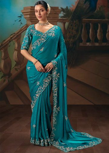 Faddism Kajal-18 Designer Teal Handwork and Embroidery Saree