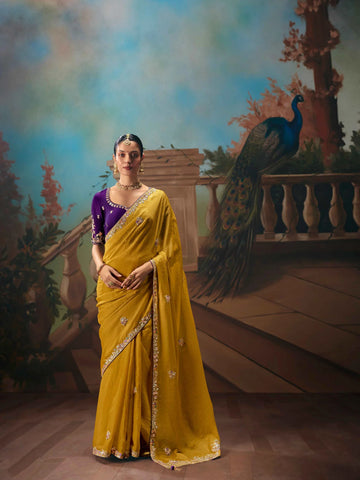 Faddism Kajal-18 Designer Mustard Yellow Handwork and Embroidery Saree