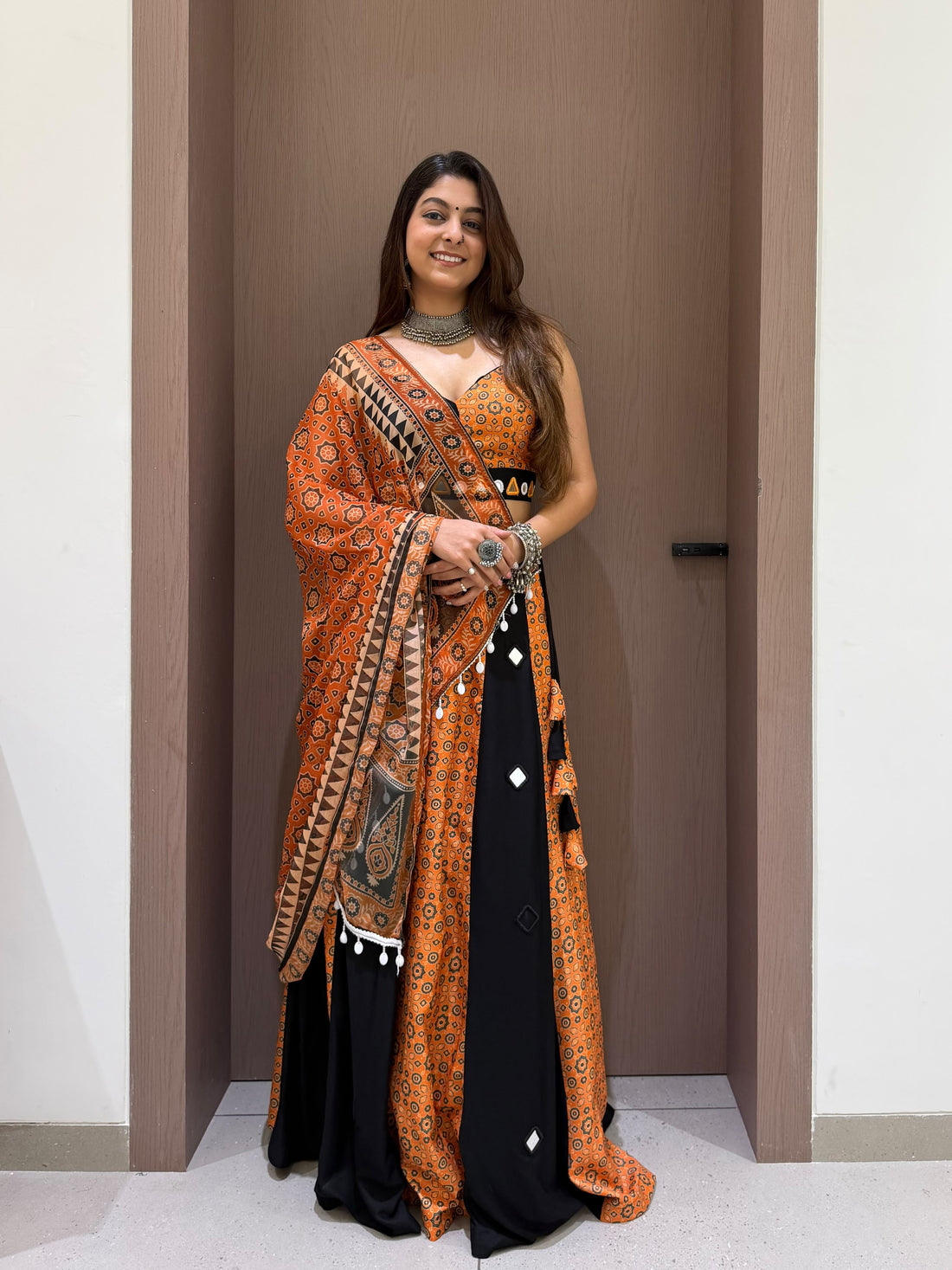 Loomeera Navratri Printed Rayon Lehenga Choli with Mirror Work & Printed Mul Dupatta