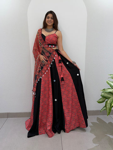 Loomeera Navratri Printed Rayon Lehenga Choli with Mirror Work & Printed Mul Dupatta