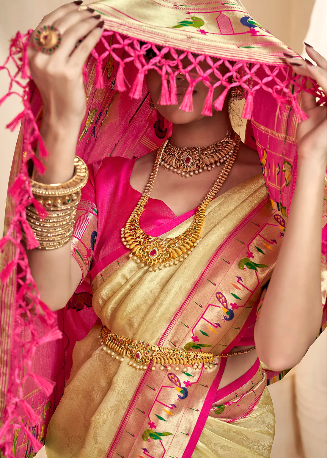 Faddism Mangalya Cream  Silk Paithani Tissue Silk Saree