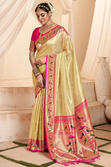 Faddism Mangalya Cream  Silk Paithani Tissue Silk Saree
