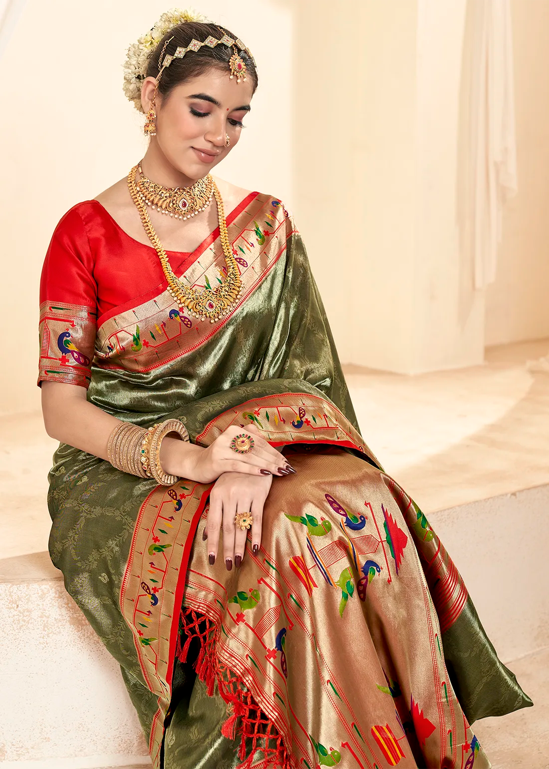 Faddism Mangalya Dark Olive Silk Paithani Tissue Silk Saree