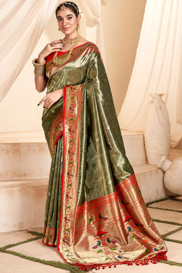 Faddism Mangalya Dark Olive Silk Paithani Tissue Silk Saree