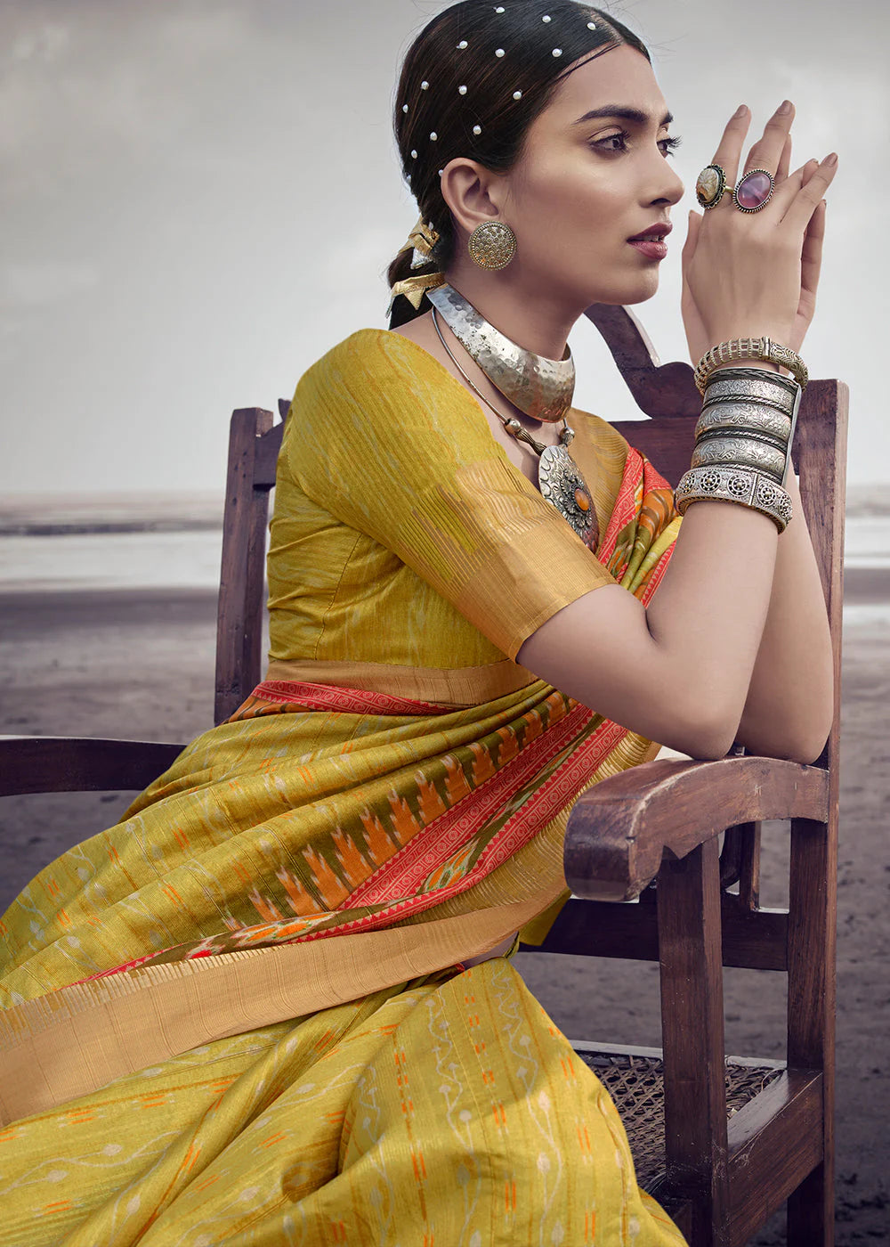 Yellow Elegant Chhapa Silk Sarees with Rich Weaving Border