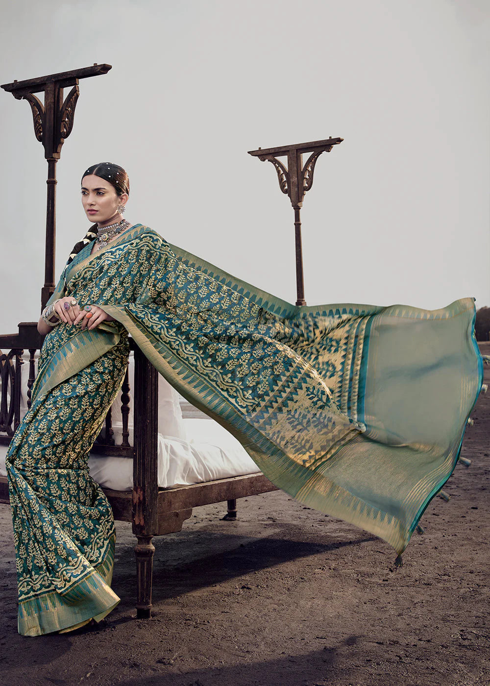 Juniper Blue Elegant Chhapa Silk Sarees with Rich Weaving Border