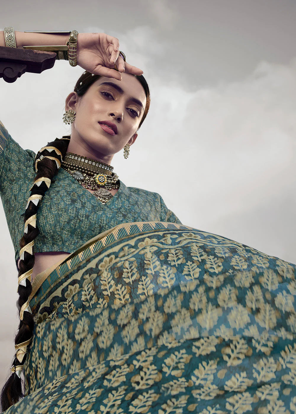 Juniper Blue Elegant Chhapa Silk Sarees with Rich Weaving Border